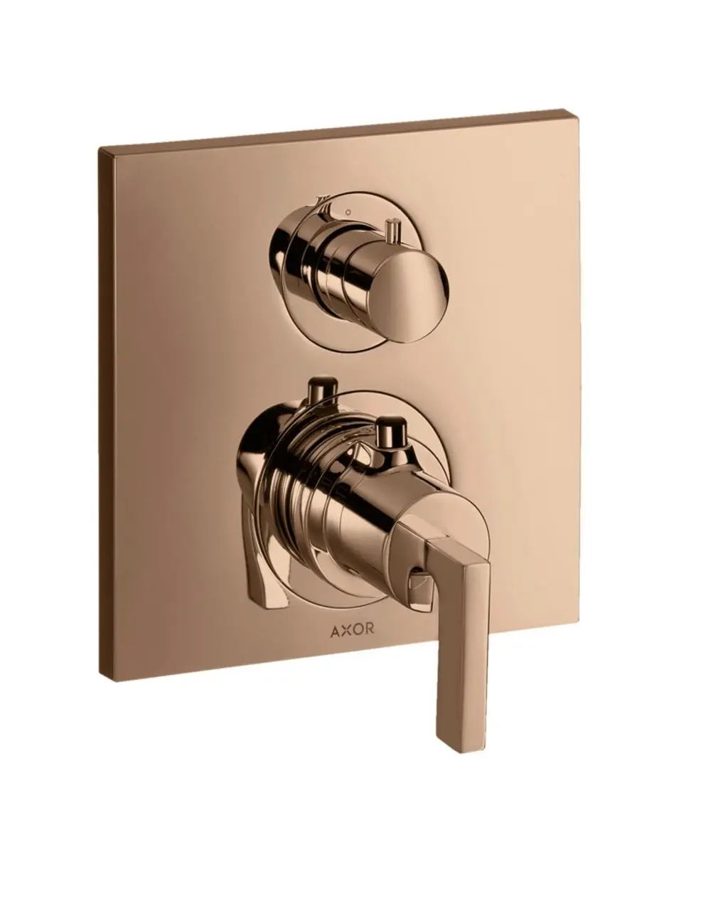 Unterputz-Thermostat mit Ab- und Umstellventil und Hebelgriff in Polished Red Gold von AXOR. Zwei Bedienelemente auf quadratischer Wandplatte.
